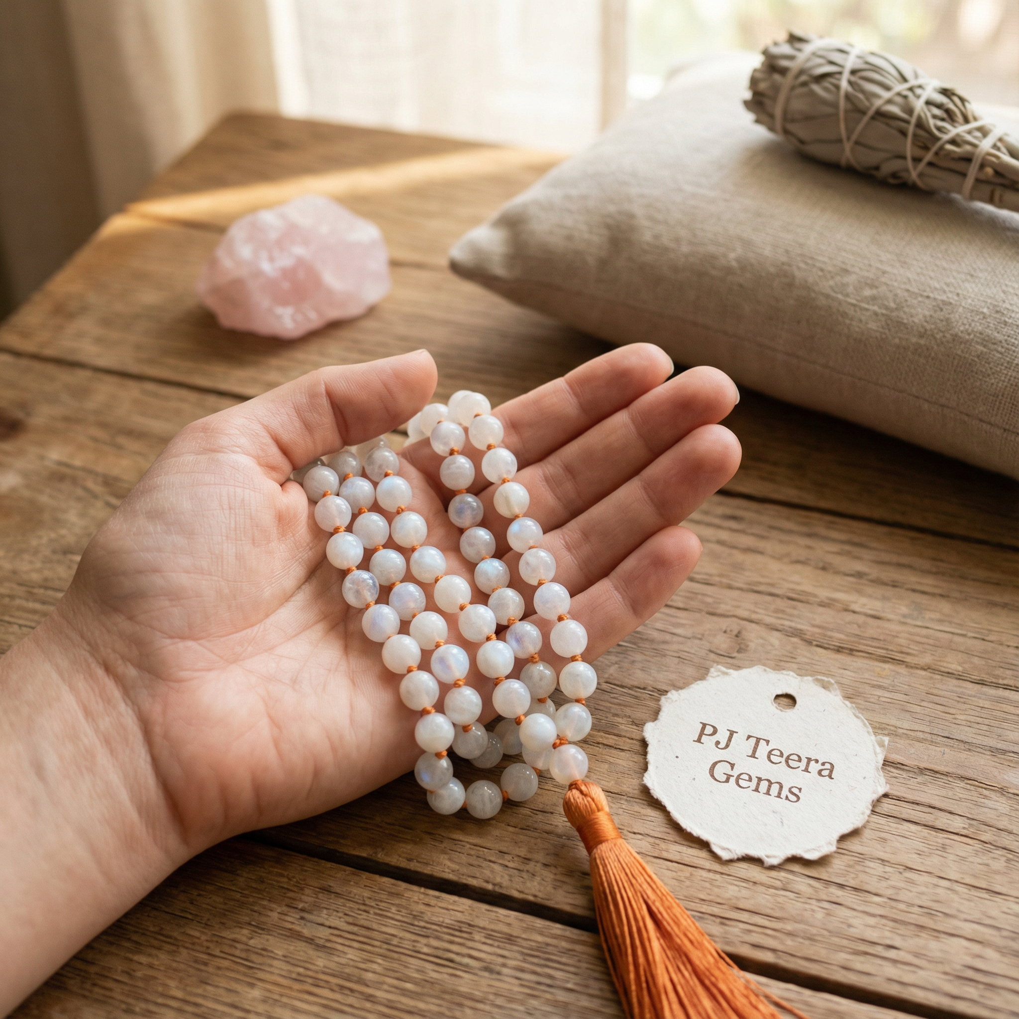Moonstone Mala Necklace – 108 Beads for Intuition, Emotional Balance & Divine Feminine Energy | knotted mala 3